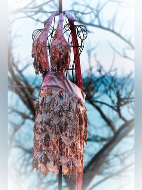 Rose Gold Sequin Beaded Flapper Dress Sheer Babydoll Style